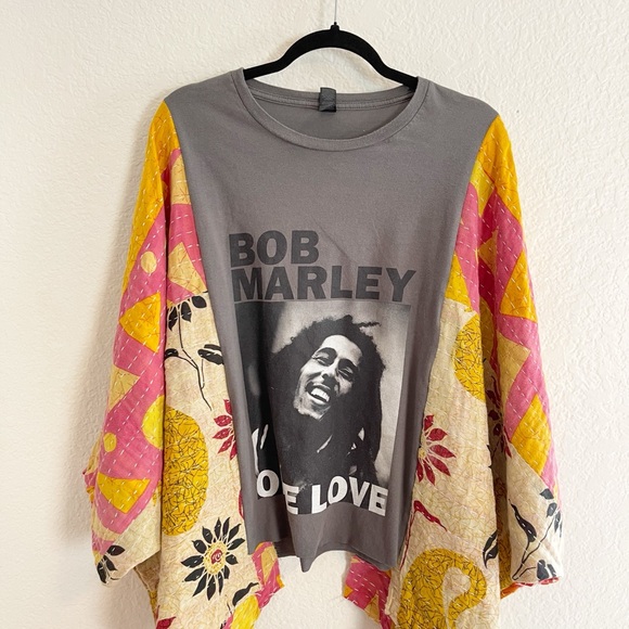 Kantha Kimono Up cycled Bob Marley T-shirt one of a kind - Picture 1 of 6